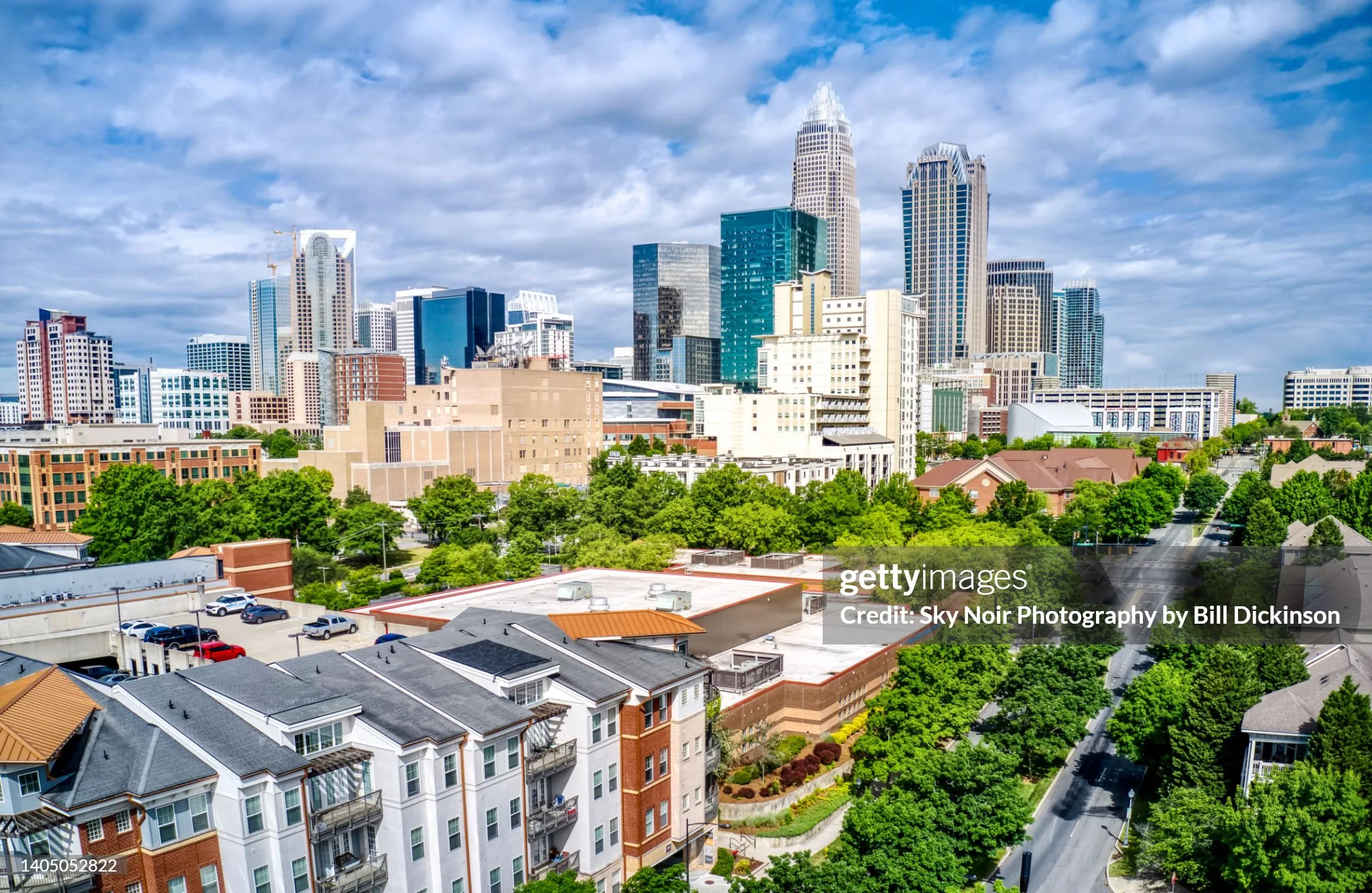 Aerial drone image of downtown Charlotte North Carolina from the First Ward on a sunny day.